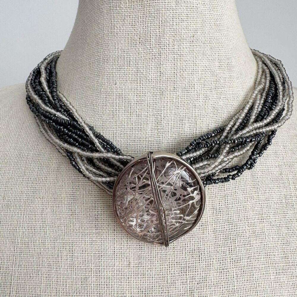 Studio Gi Italy Black And Gray Beaded Collar Necklace Art Glass Pendant 17”